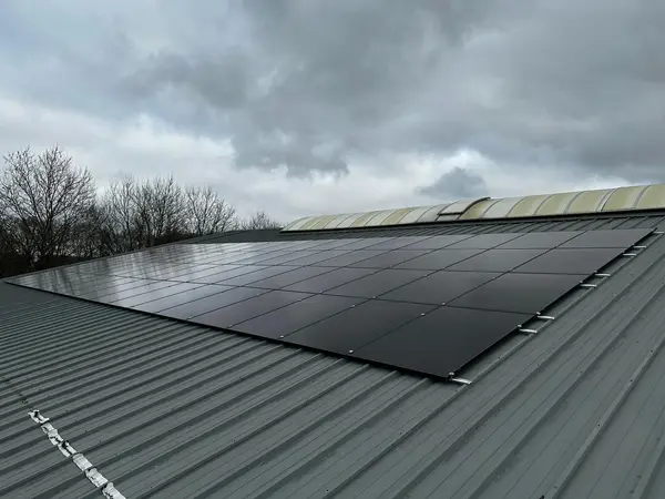 Zwarte zonnepanelen op een groot bedrijfsdak met lichtstraat