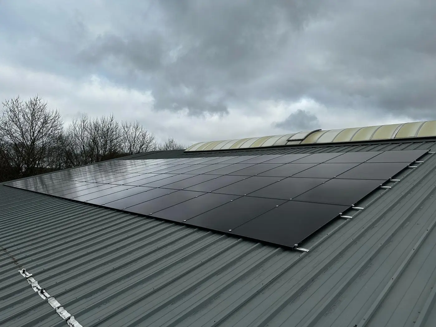 Zwarte zonnepanelen op een groot bedrijfsdak met lichtstraat