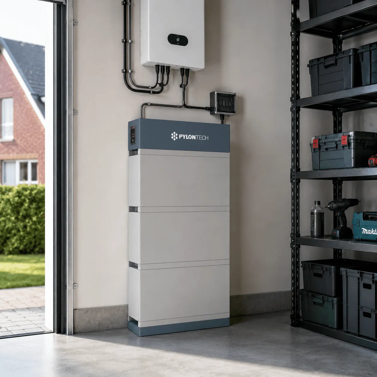 Gestapelde Pylontech-thuisbatterij met omvormer aan de wand in een garage
